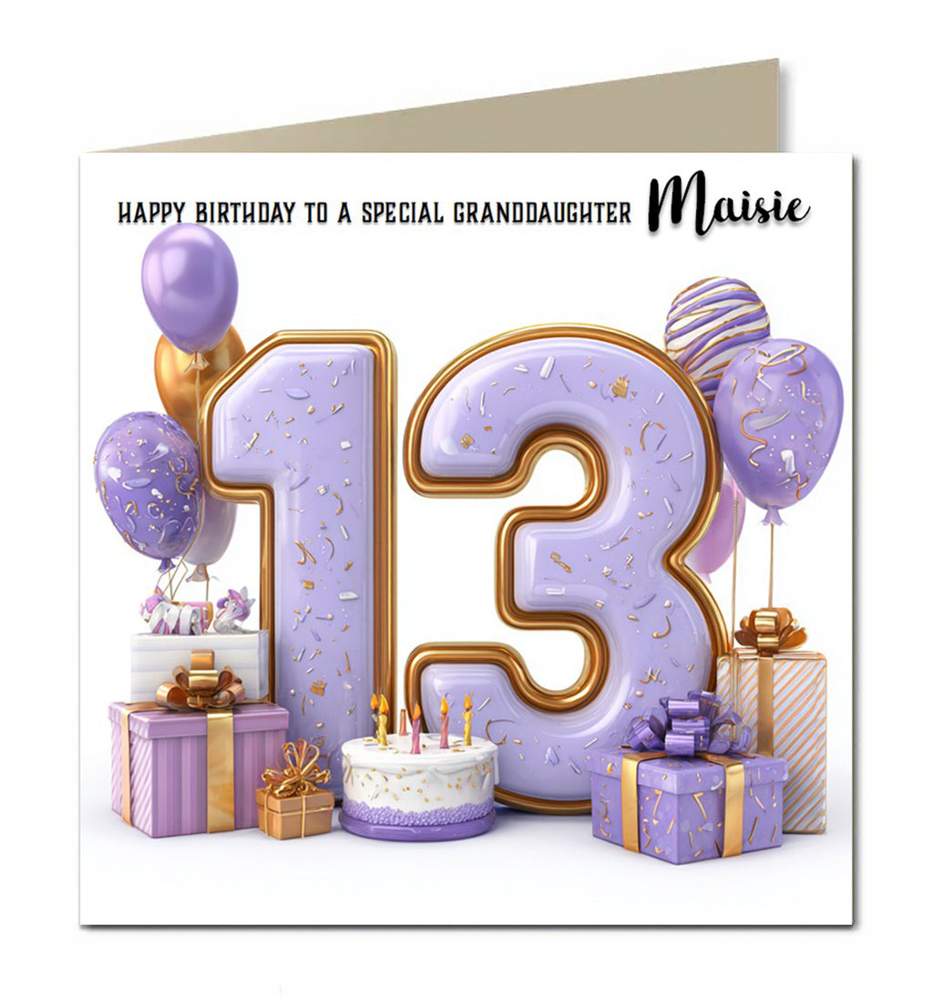 Personalised 13th Birthday Card - Birthday Number with Cake, Balloons and Presents