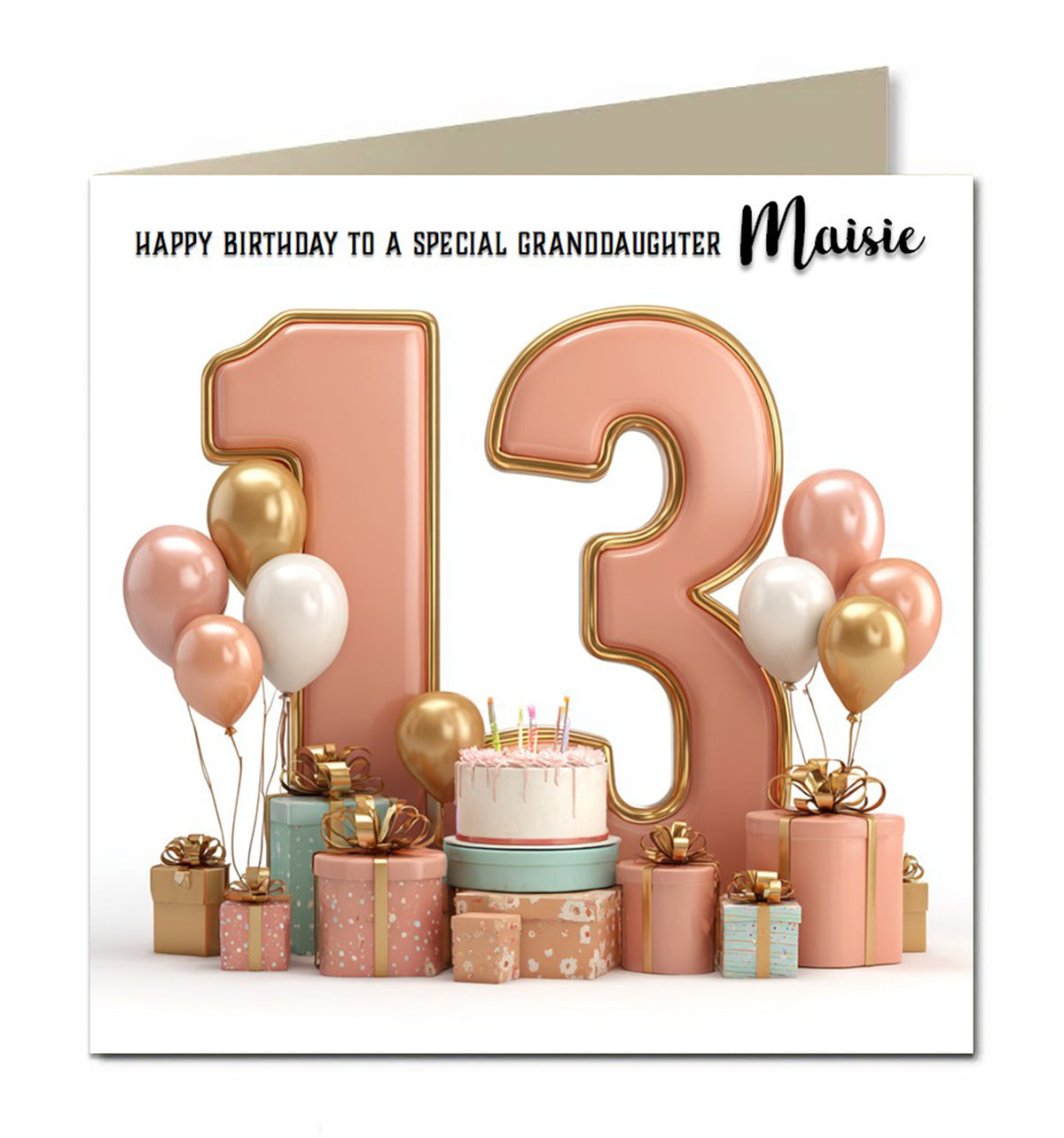 Personalised 13th Birthday Card - Birthday Number with Cake, Balloons and Presents