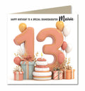 Personalised 13th Birthday Card - Birthday Number with Cake and Presents
