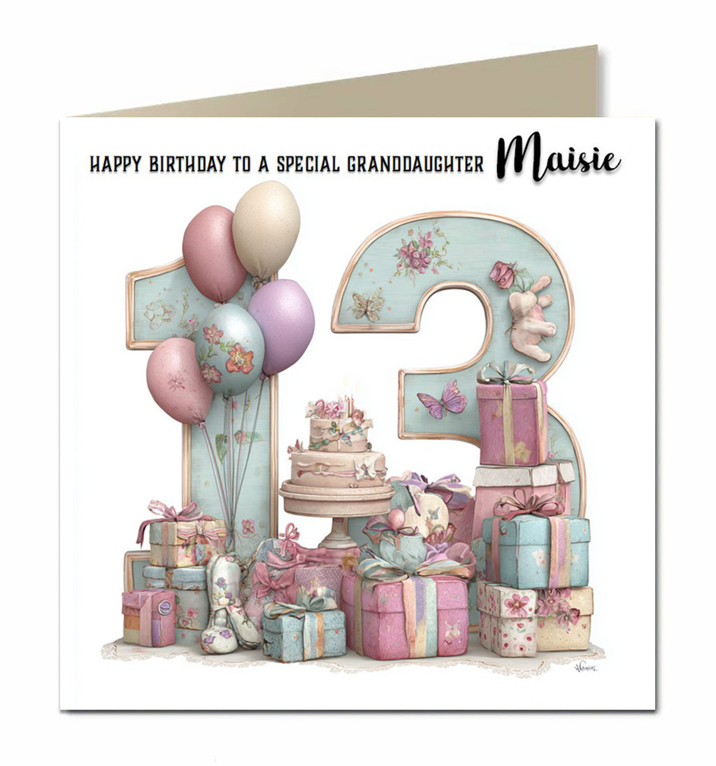 Personalised 13th Birthday Card - Birthday Number with Cake and Presents
