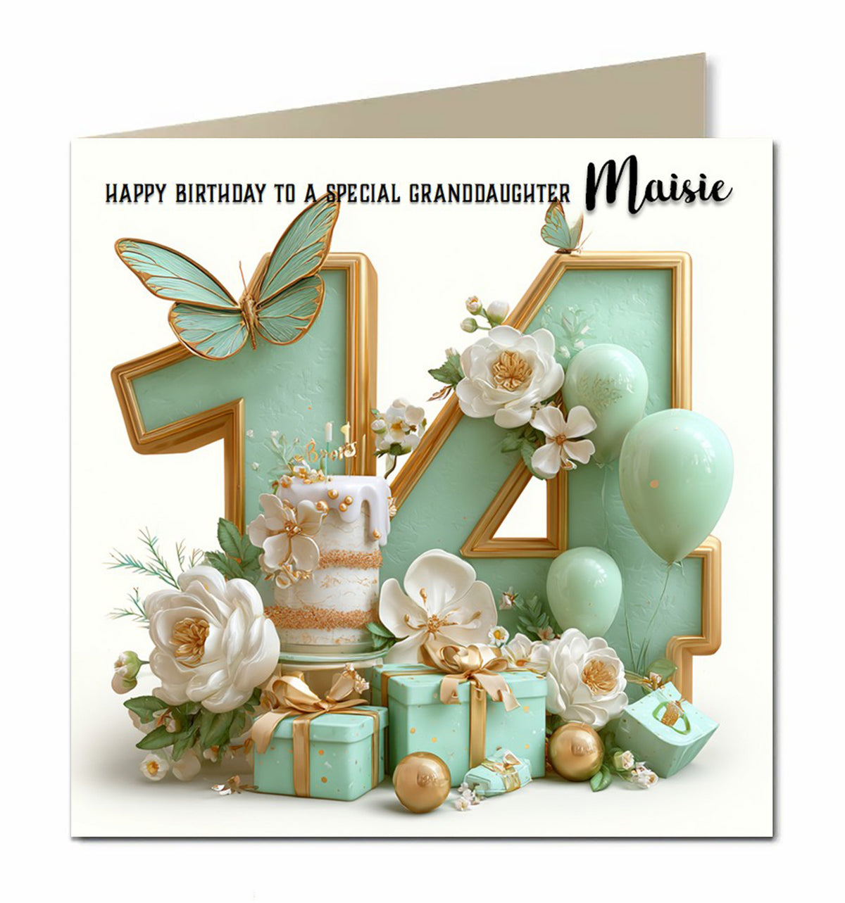 Personalised 14th Birthday Card - Birthday Number with Cake and Presents
