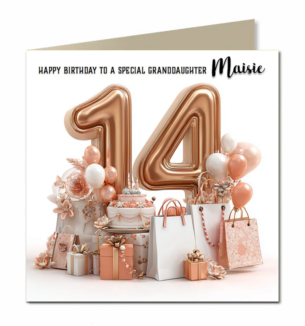 Personalised 14th Birthday Card - Birthday Number with Cake and Presents