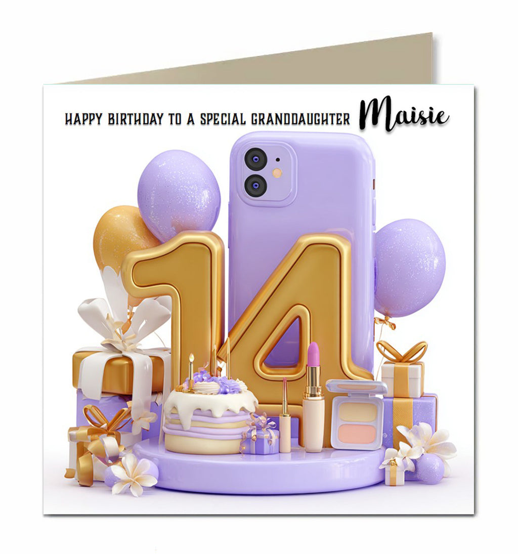 Personalised 14th Birthday Card - Birthday Number with Cake and Presents