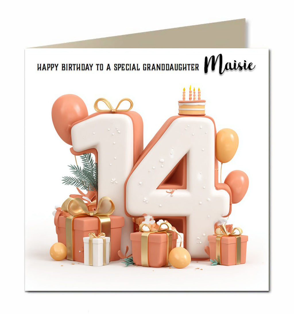 Personalised 14th Birthday Card - Birthday Number with Cake and Presents