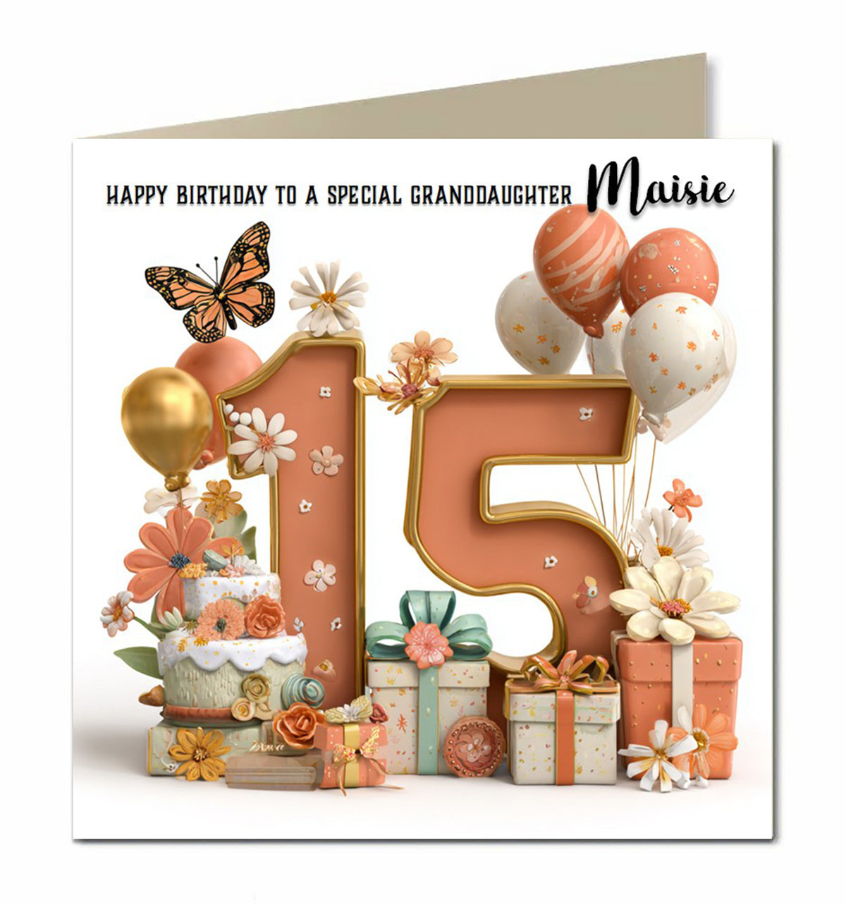 Personalised 15th Birthday Card - Birthday Number with Cake and Presents
