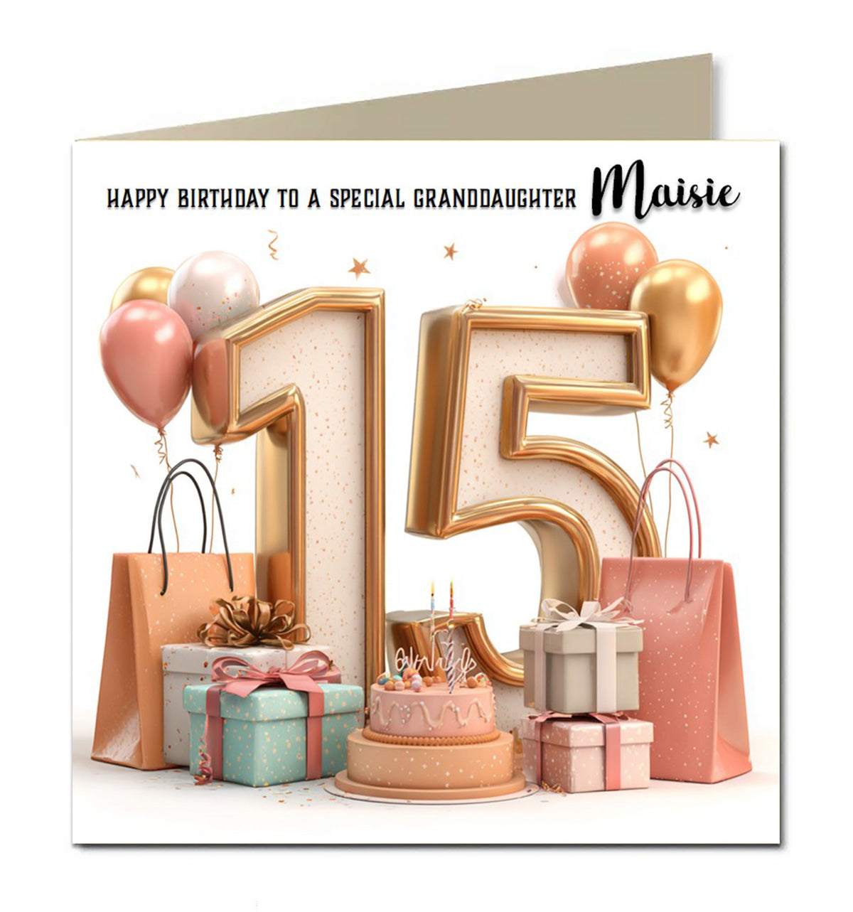 Personalised 15th Birthday Card - Birthday Number with Cake and Presents