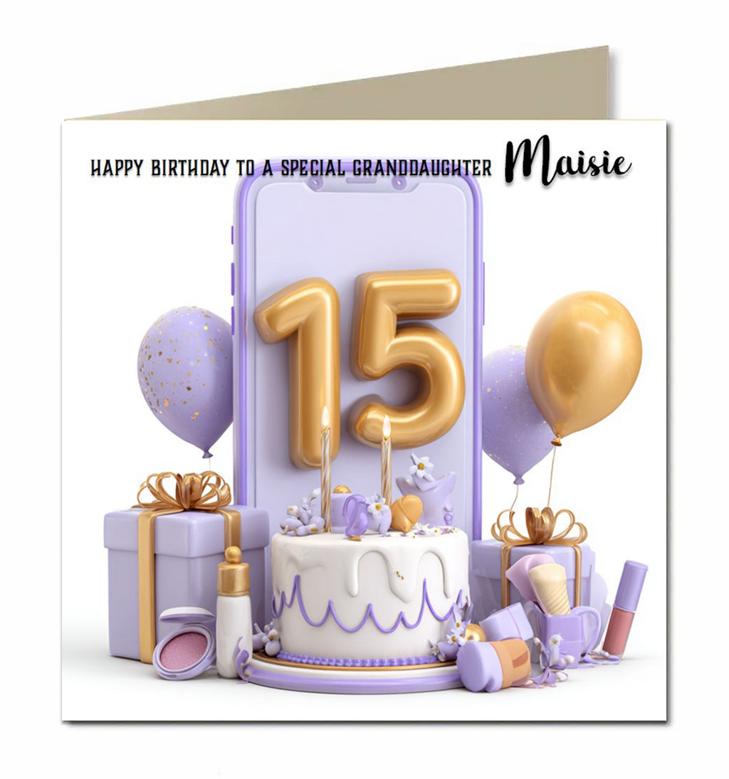 Personalised 15th Birthday Card - Birthday Number with Cake and Presents