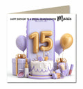 Personalised 15th Birthday Card - Birthday Number with Cake and Presents