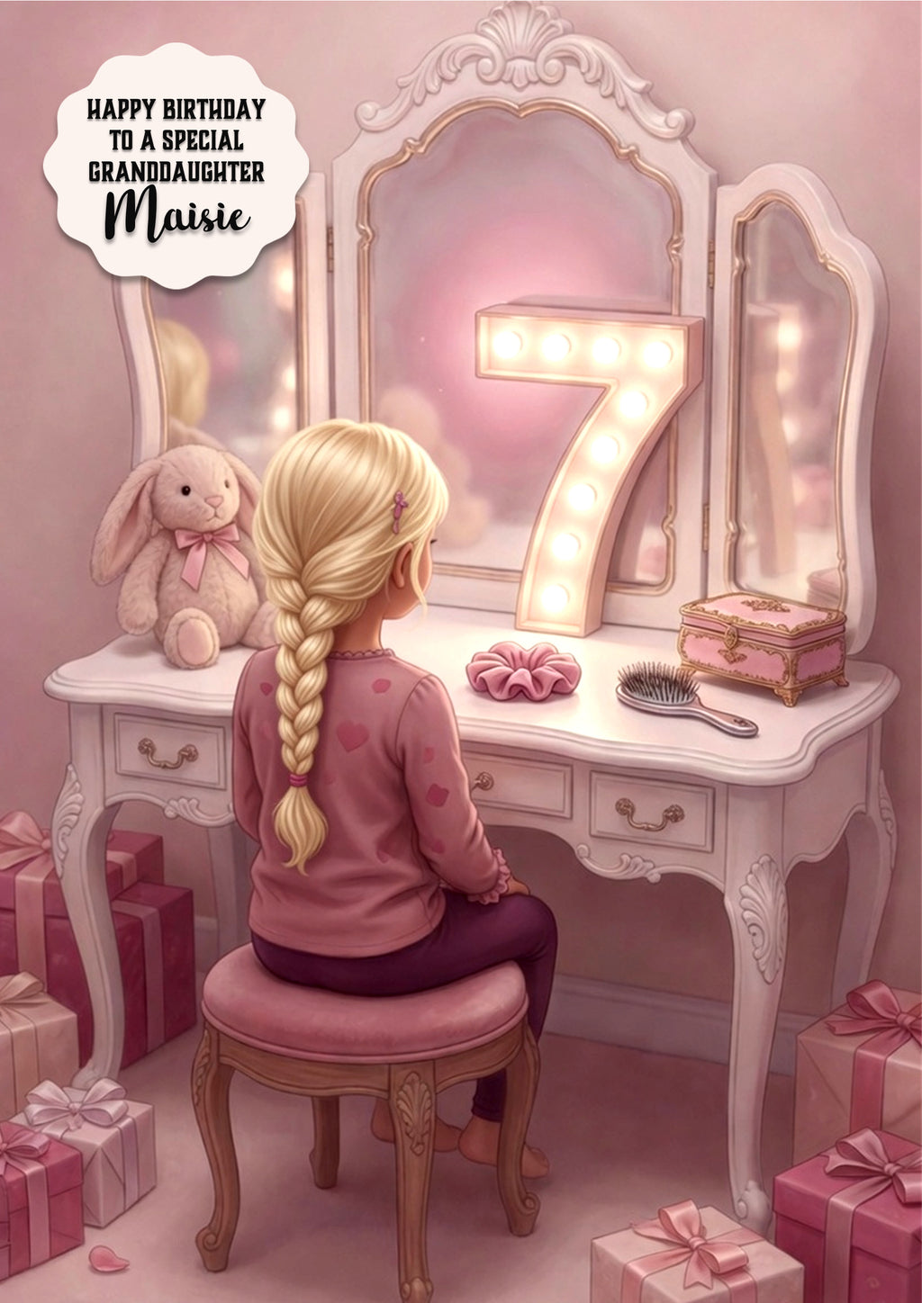 Personalised 7th Birthday Card - Girl at a Dressing Table - Blonde Hair