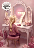 Personalised 7th Birthday Card - Girl at a Dressing Table - Blonde Hair