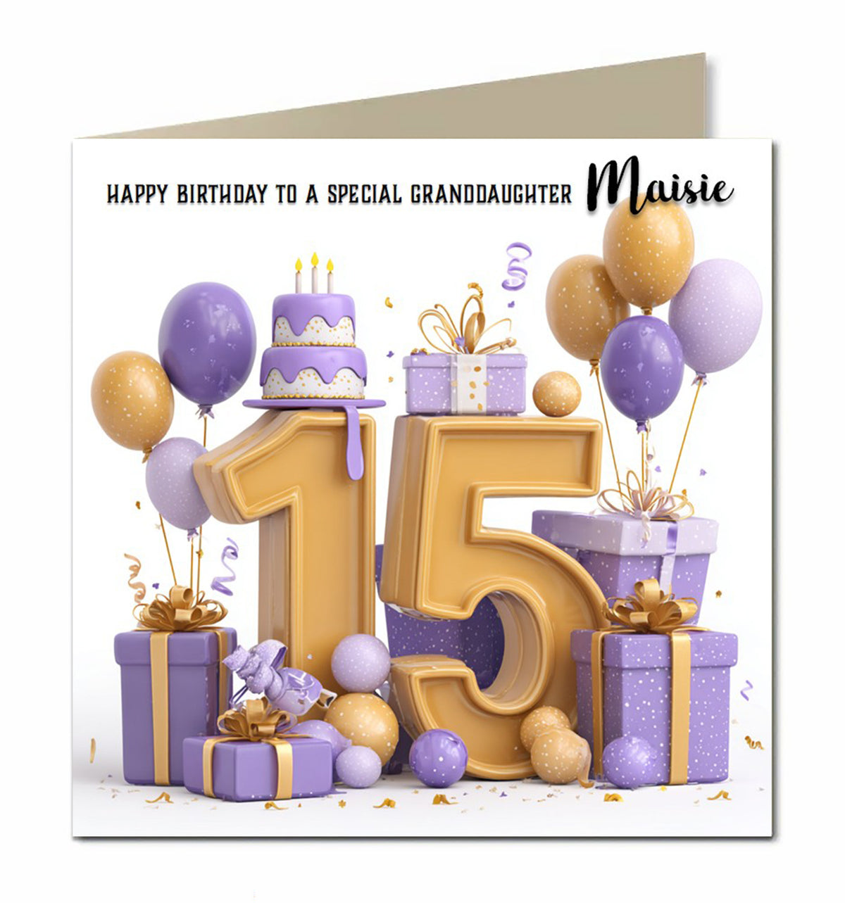 Personalised 15th Birthday Card - Birthday Number with Cake and Presents