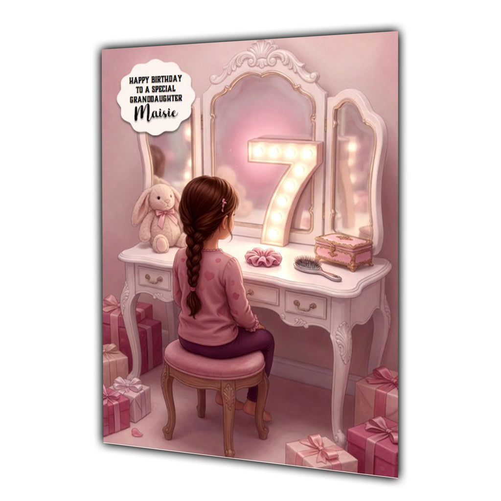 Personalised 7th Birthday Card - Girl at a Dressing Table - Brown Hair