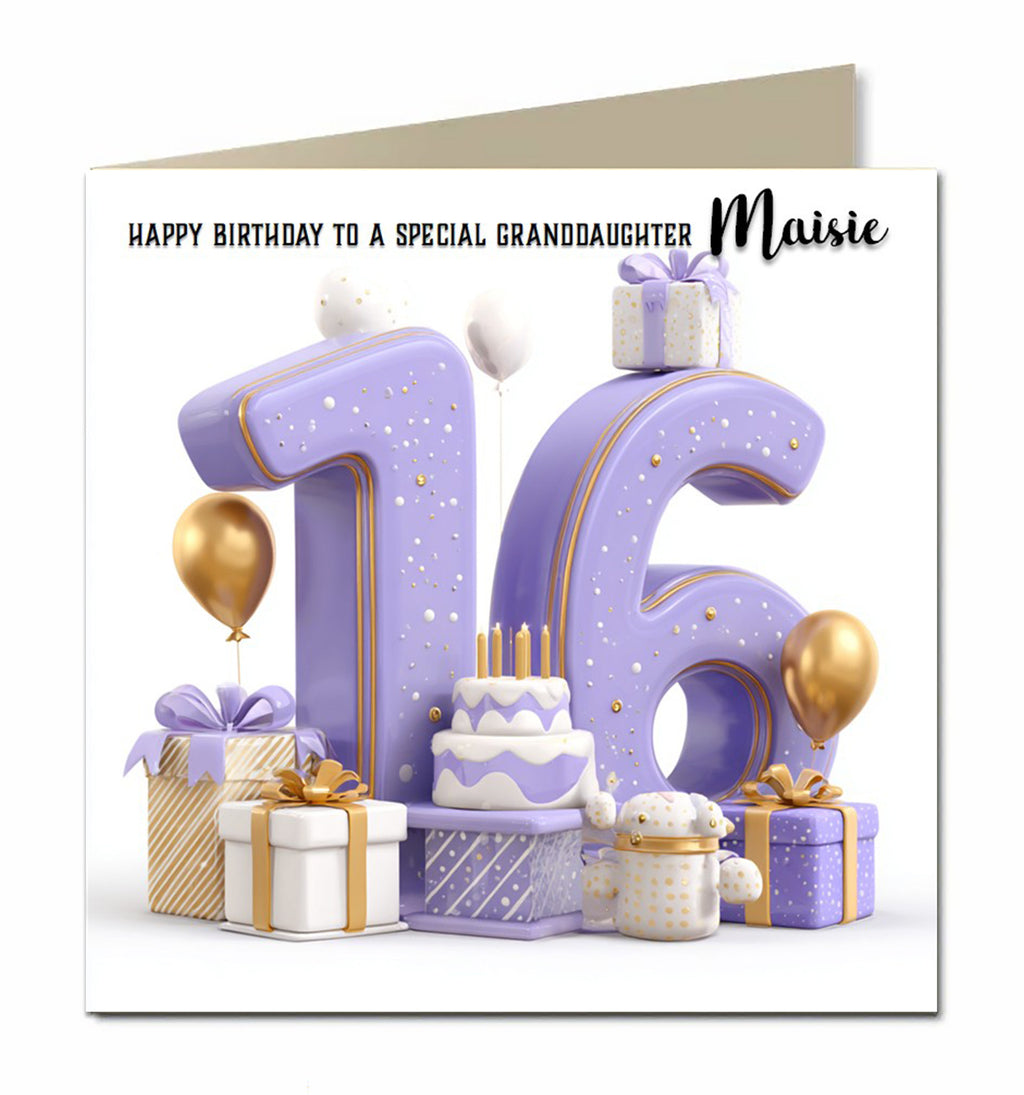 Personalised 16th Birthday Card - Birthday Number with Cake and Presents