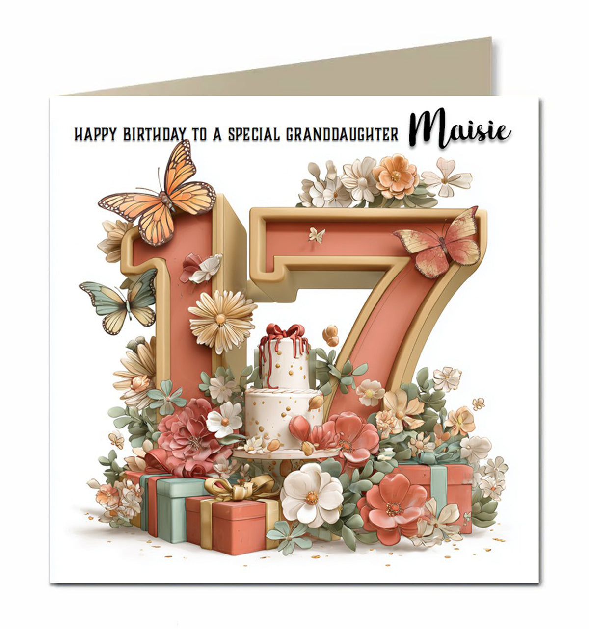 Personalised 17th Birthday Card - Birthday Number with Cake and Presents