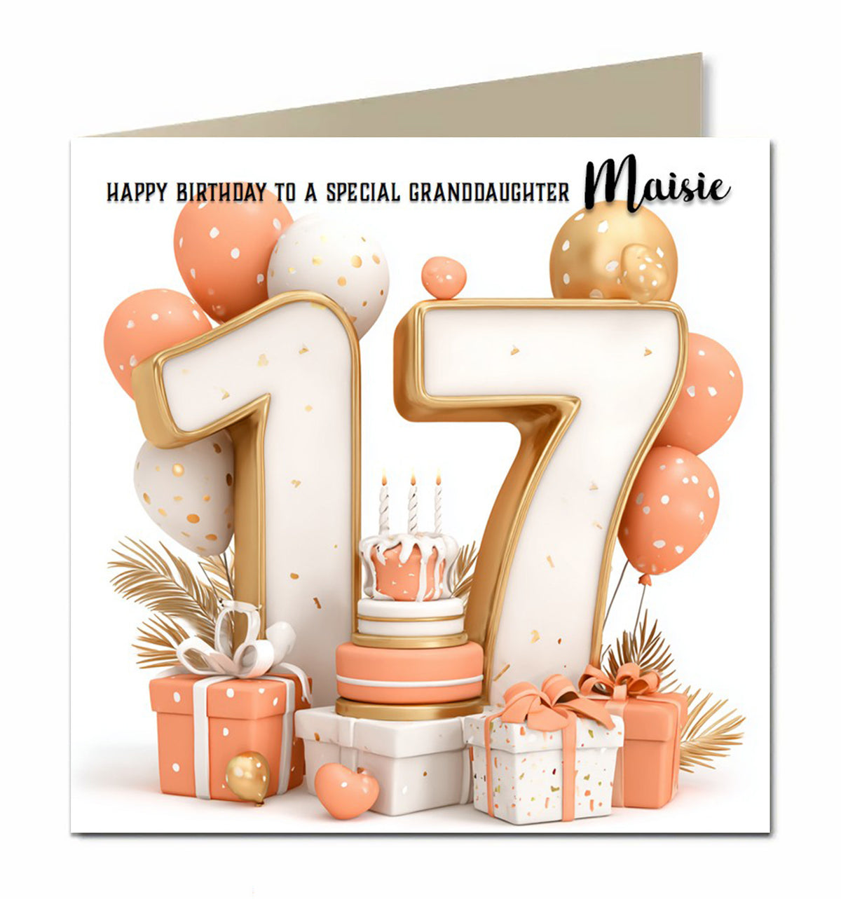 Personalised 17th Birthday Card - Birthday Number with Cake and Presents