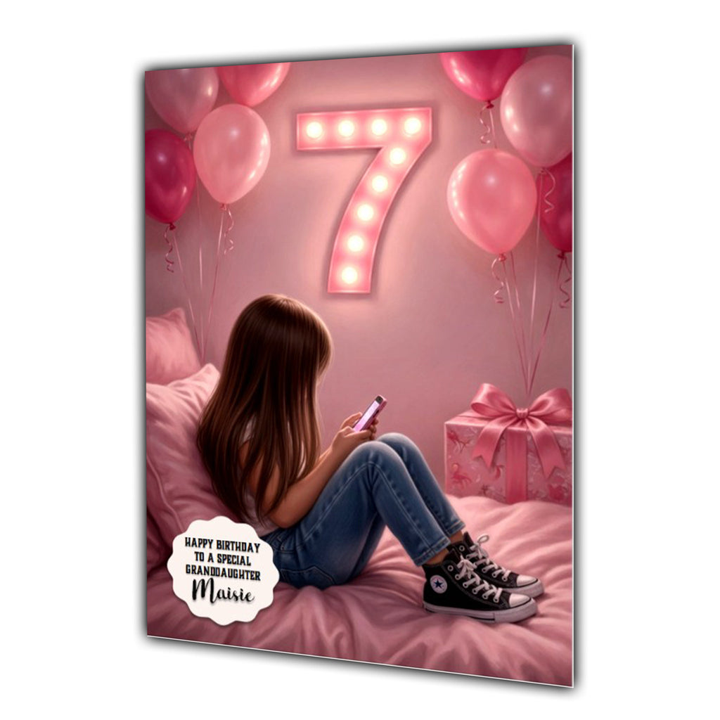 Personalised 7th Birthday Card - Girl Using a Phone on a Bed - Brown Hair