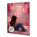 Personalised 7th Birthday Card - Girl Using a Phone on a Bed - Brown Hair