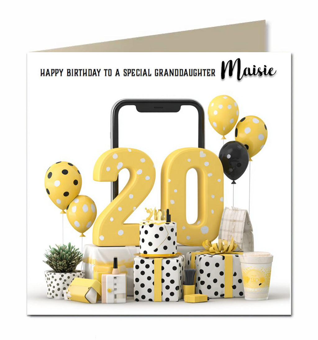 Personalised 20th Birthday Card - Birthday Number with Cake and Presents
