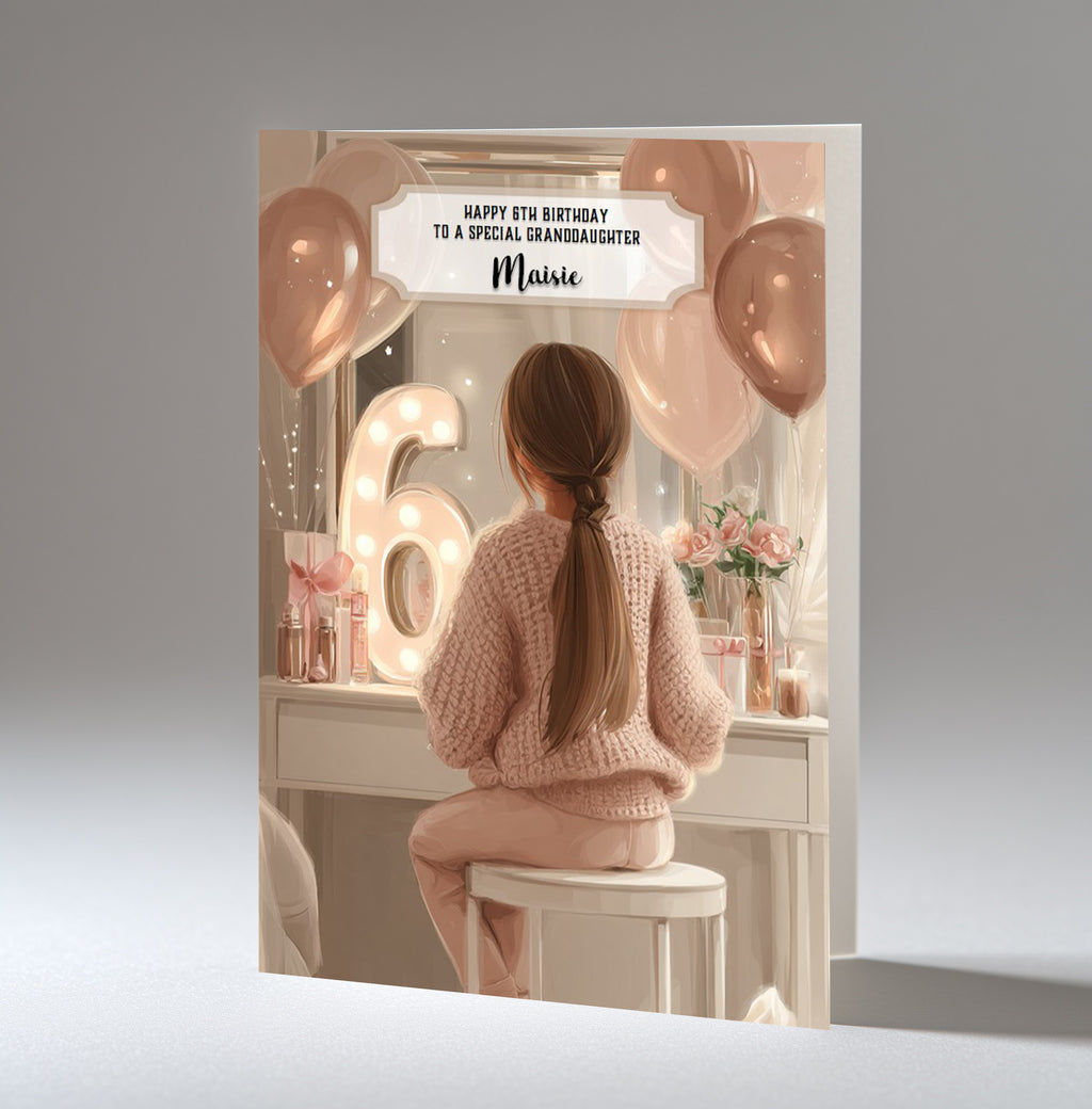 6th Birthday Card Girl, Granddaughter, Daughter, Niece, Brown Hair A5 Size
