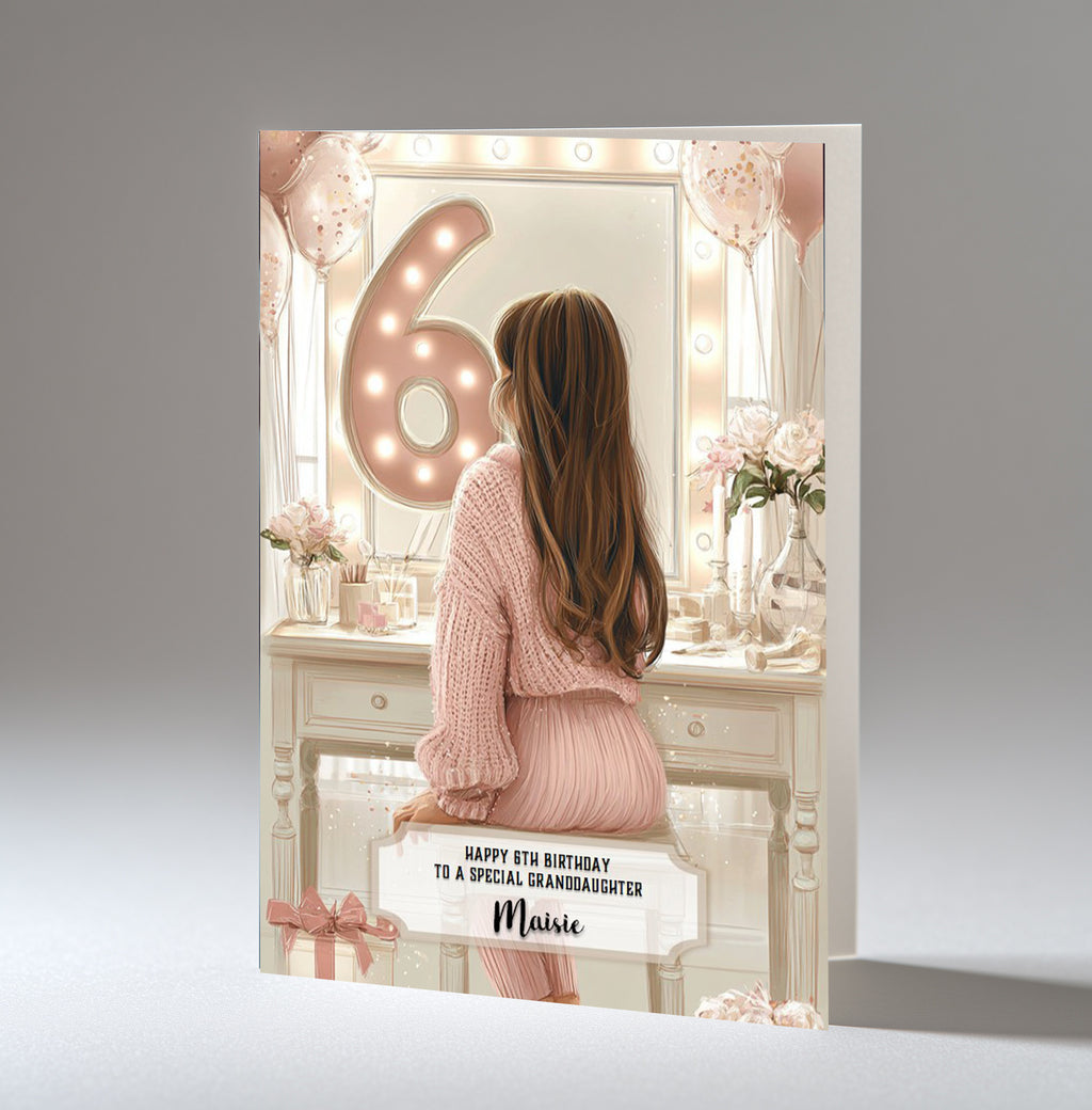 6th Birthday Card For Girls, Daughter, Granddaughter, Niece, Brown Hair, A5 Size,