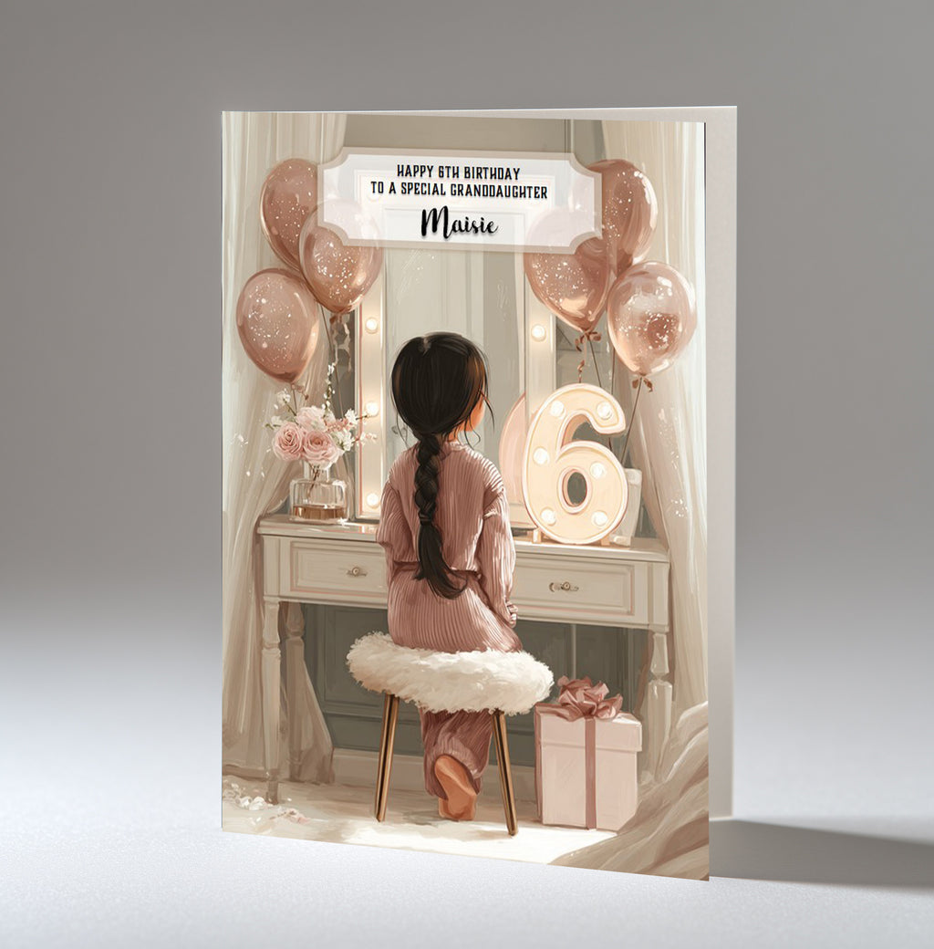 Personalised 6th Birthday Card - Girl at a Dressing Table with Number Lights