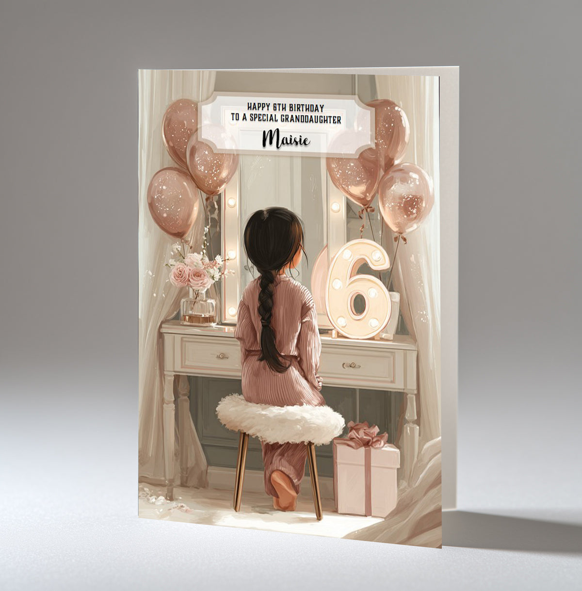 Personalised 6th Birthday Card - Girl at a Dressing Table with Number Lights