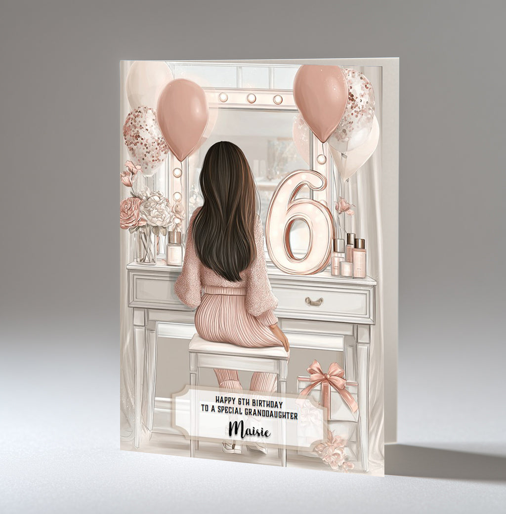Personalised 6th Birthday Card - Girl at a Dressing Table with Number Lights
