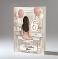 Personalised 6th Birthday Card - Girl at a Dressing Table with Number Lights