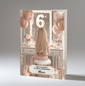 Personalised 6th Birthday Card - Girl at a Dressing Table with Number Lights