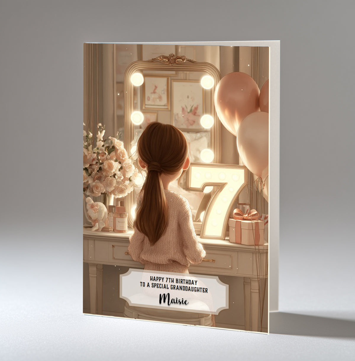 7th Birthday Card Girl, Granddaughter, Daughter, Niece, Brown Hair A5 Size