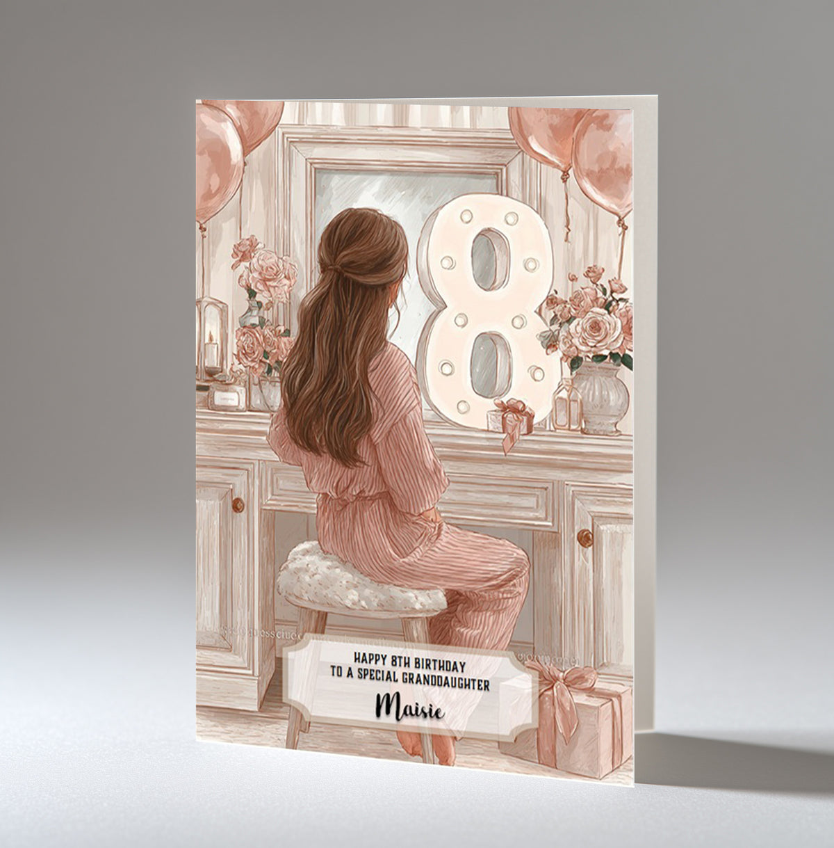 8th Birthday Card Girl, Granddaughter, Daughter, Niece, Brown Hair A5 Size