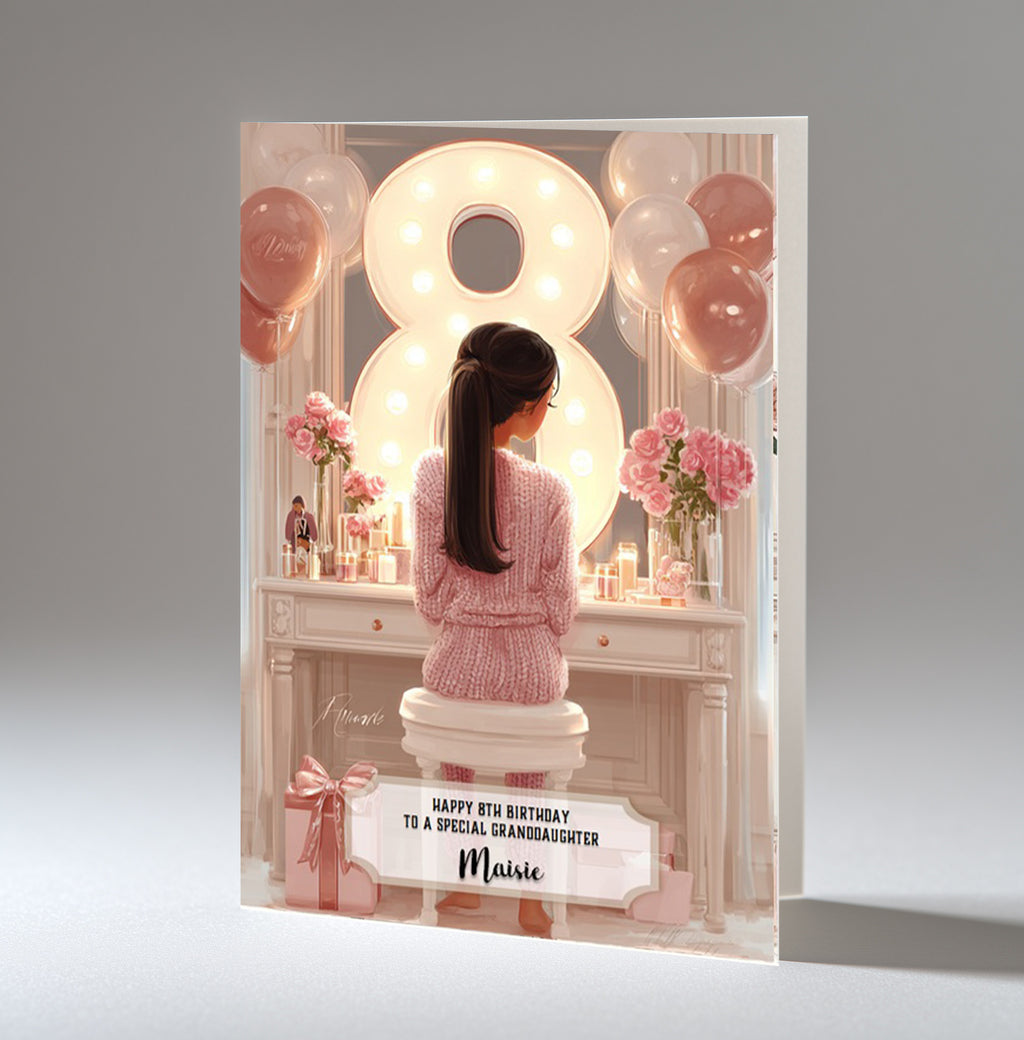 Personalised 8th Birthday Card - Girl at a Dressing Table with Number Lights