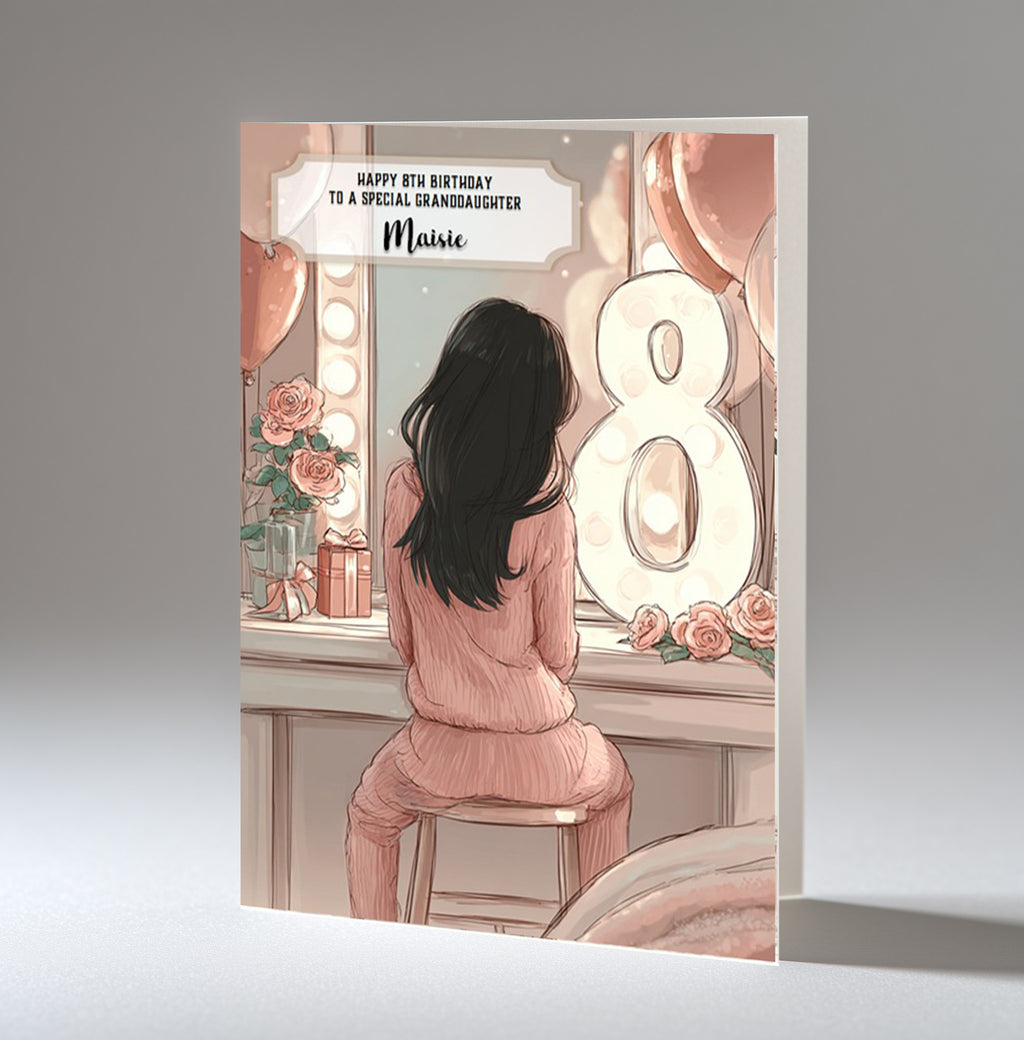 8th Birthday Card Girl, Granddaughter, Daughter, Niece, Brown Hair A5 Size