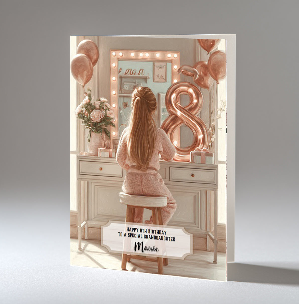 8th Birthday Card Girl, Granddaughter, Daughter, Niece, Brown Hair A5 Size