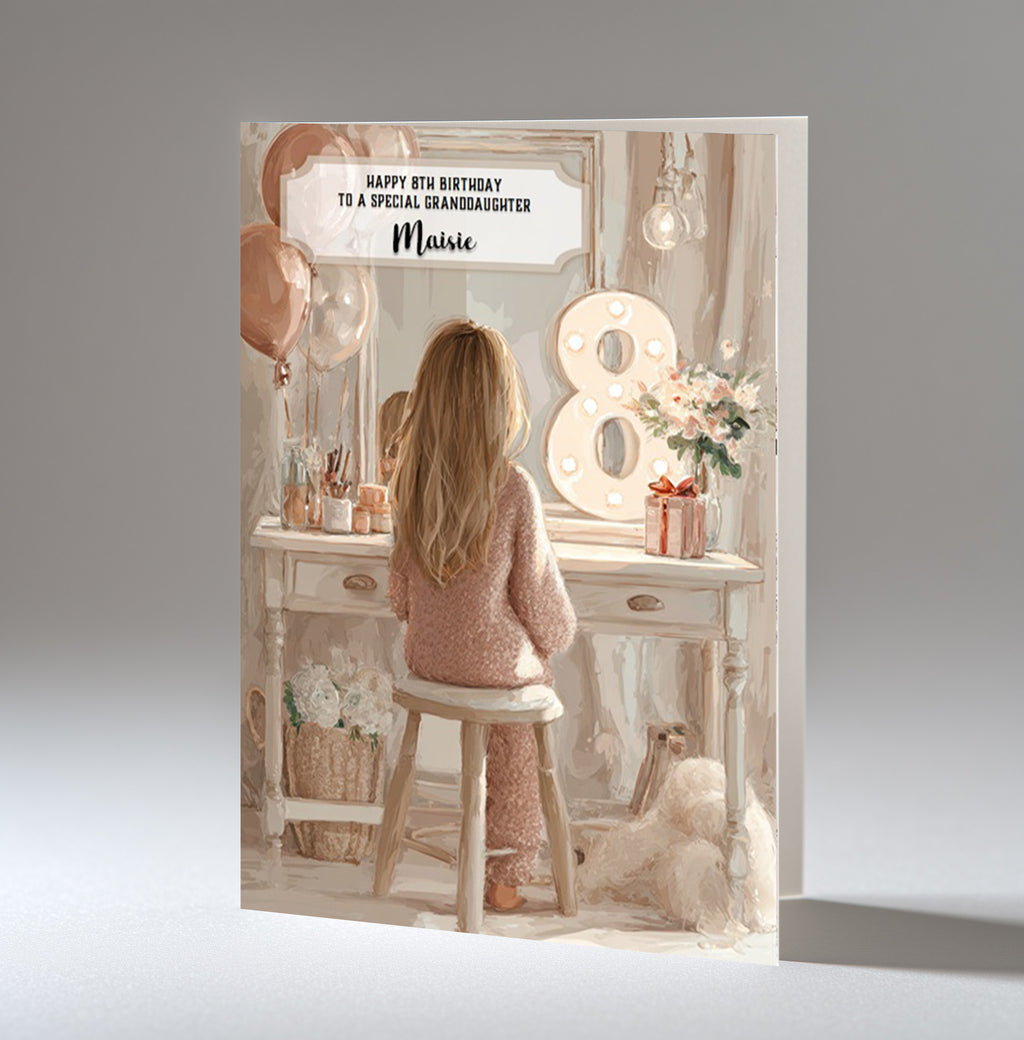 8th Birthday Card Girl, Granddaughter, Daughter, Niece, Brown Hair A5 Size