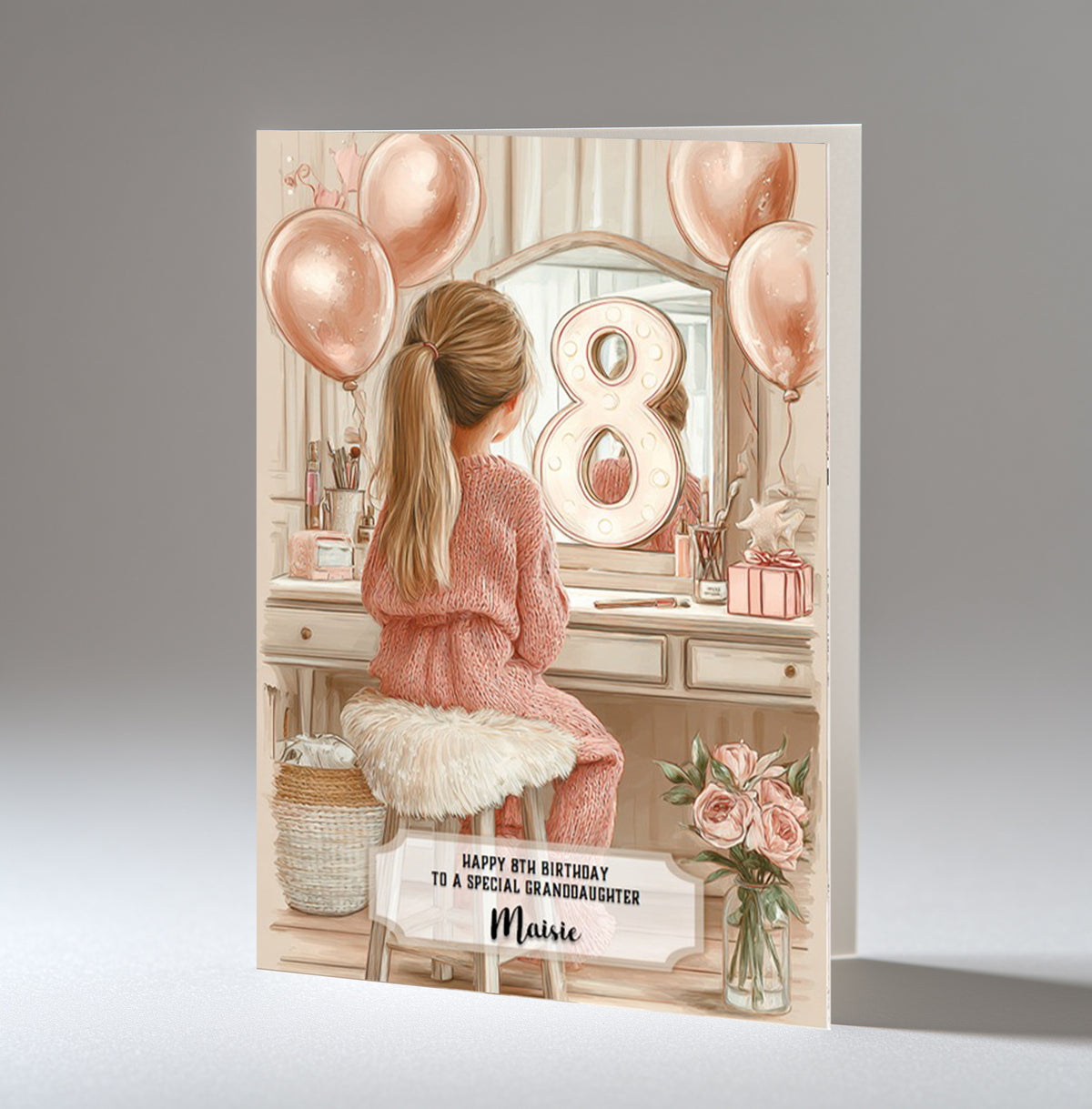 8th Birthday Card Girl, Granddaughter, Daughter, Niece, Brown Hair A5 Size