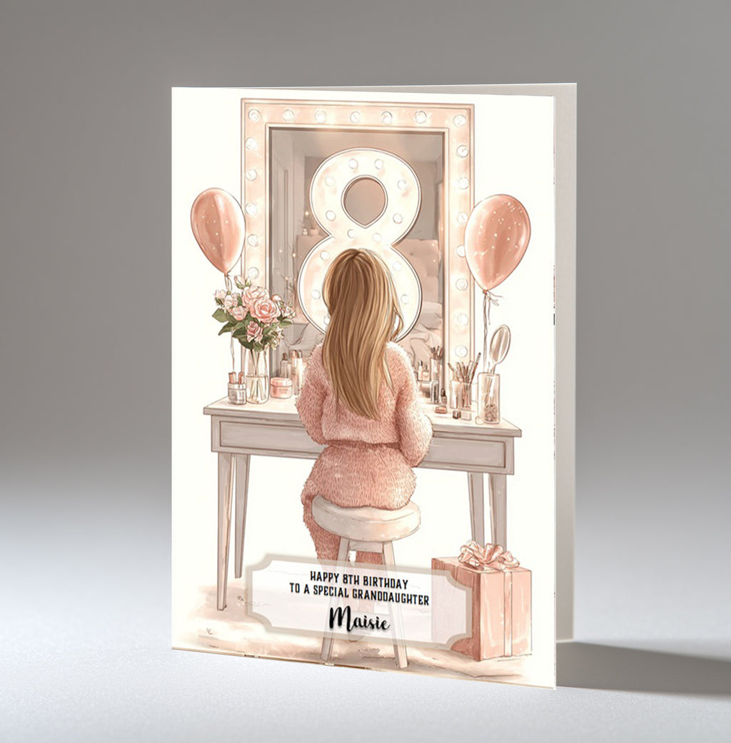 8th Birthday Card Girl, Granddaughter, Daughter, Niece, Blonde Hair A5 Size