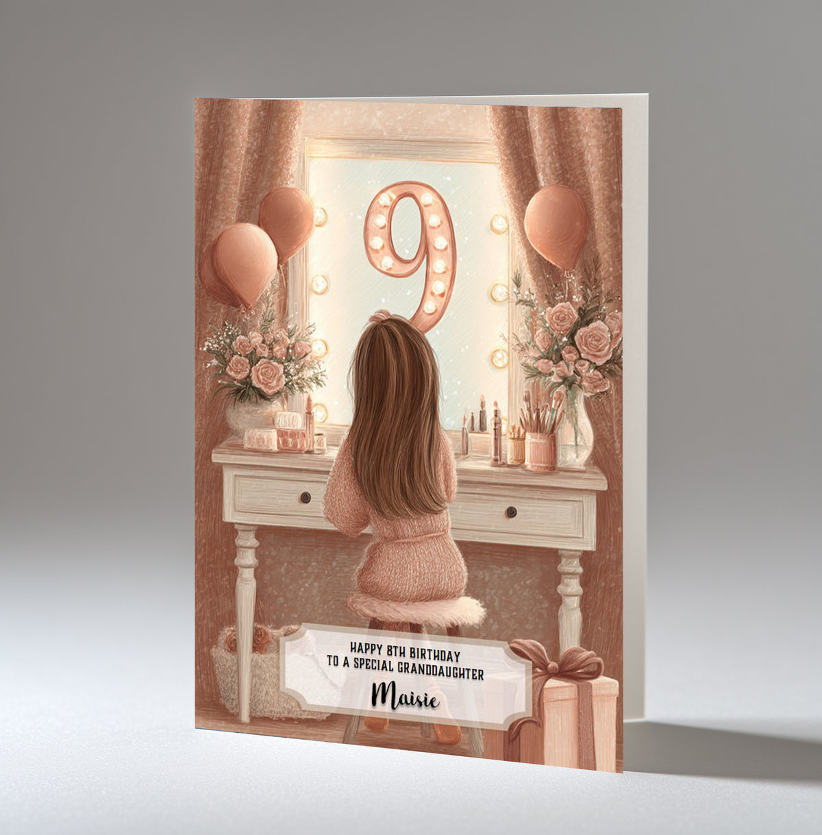 9th Birthday Card For Girls, Daughter, Granddaughter, Niece, Brown Hair, A5 Size,