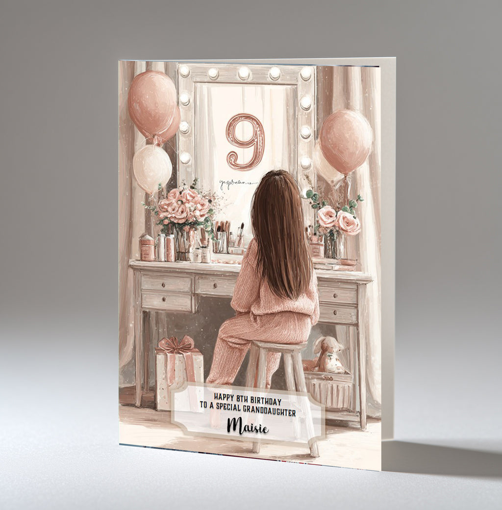 9th Birthday Card Girl, Granddaughter, Daughter, Niece, Brown Hair A5 Size