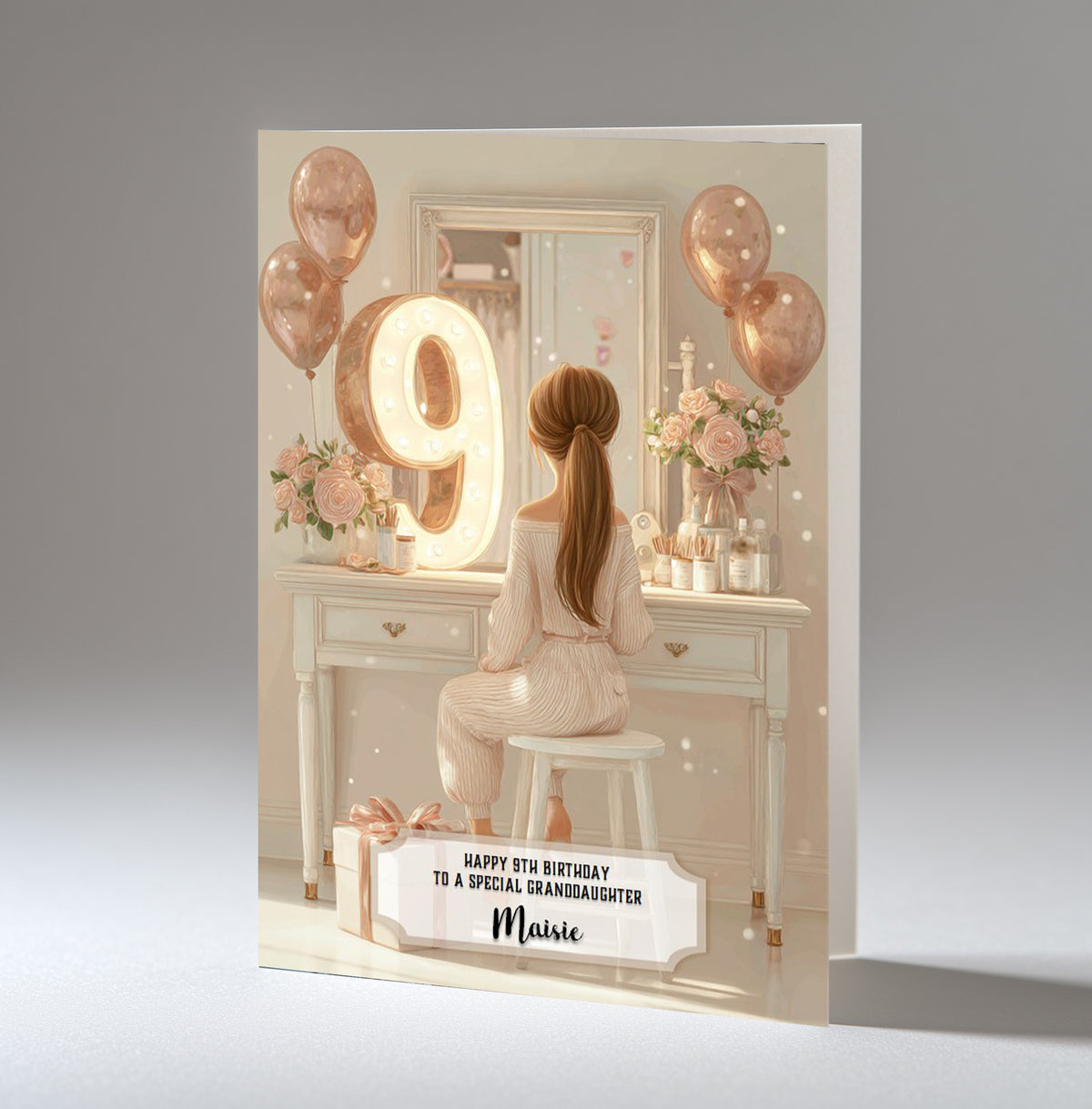 Personalised 9th Birthday Card - Girl at a Dressing Table with Number Lights