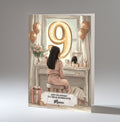 Personalised 9th Birthday Card - Girl at a Dressing Table with Number Lights