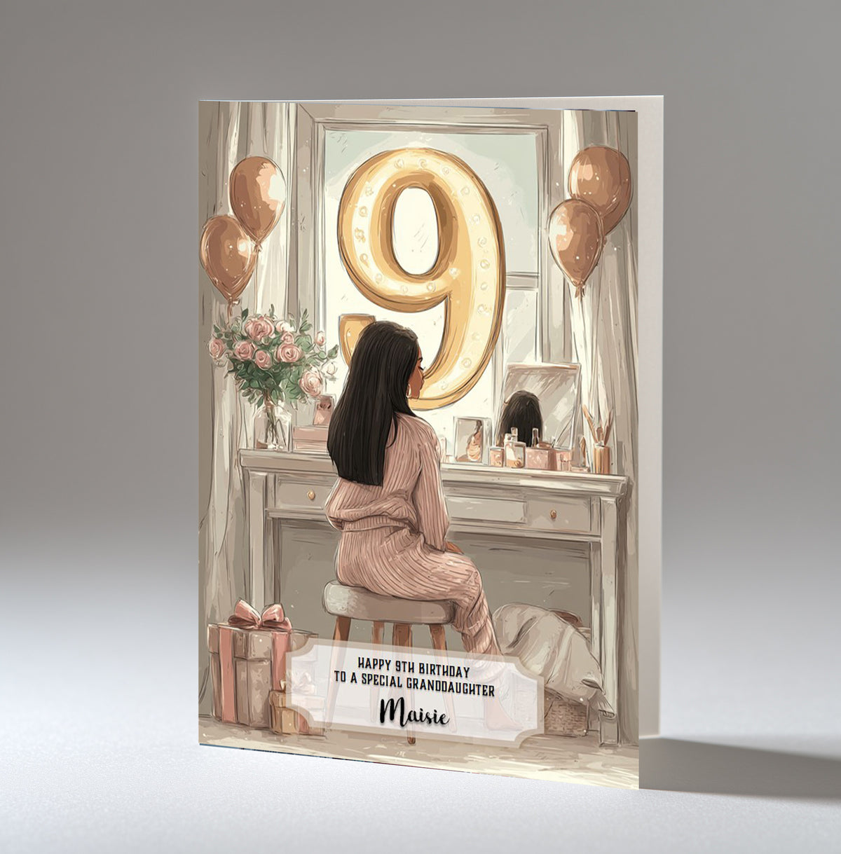 Personalised 9th Birthday Card - Girl at a Dressing Table with Number Lights