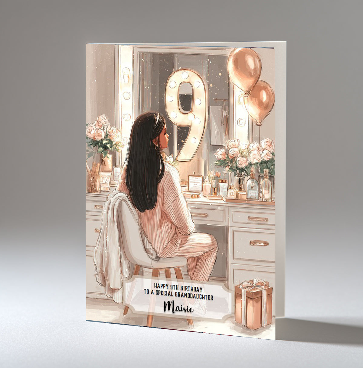 Personalised 9th Birthday Card - Girl at a Dressing Table with Number Lights