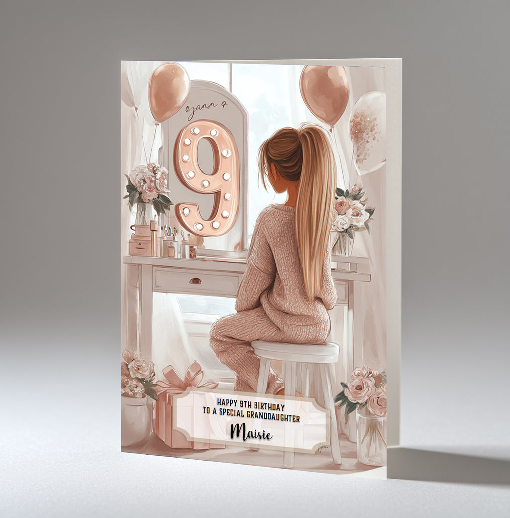 9th Birthday Card Girl, Granddaughter, Daughter, Niece, Blonde Hair A5 Size