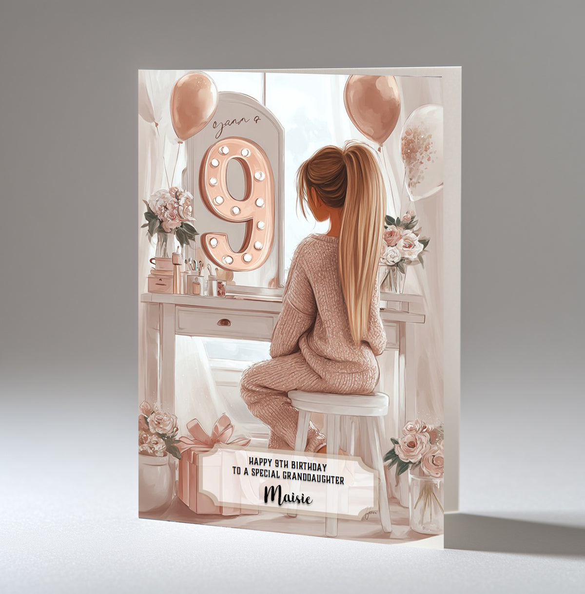 9th Birthday Card Girl, Granddaughter, Daughter, Niece, Blonde Hair A5 Size