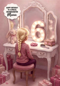Personalised 6th Birthday Card - Girl at a Dressing Table - Blonde Hair