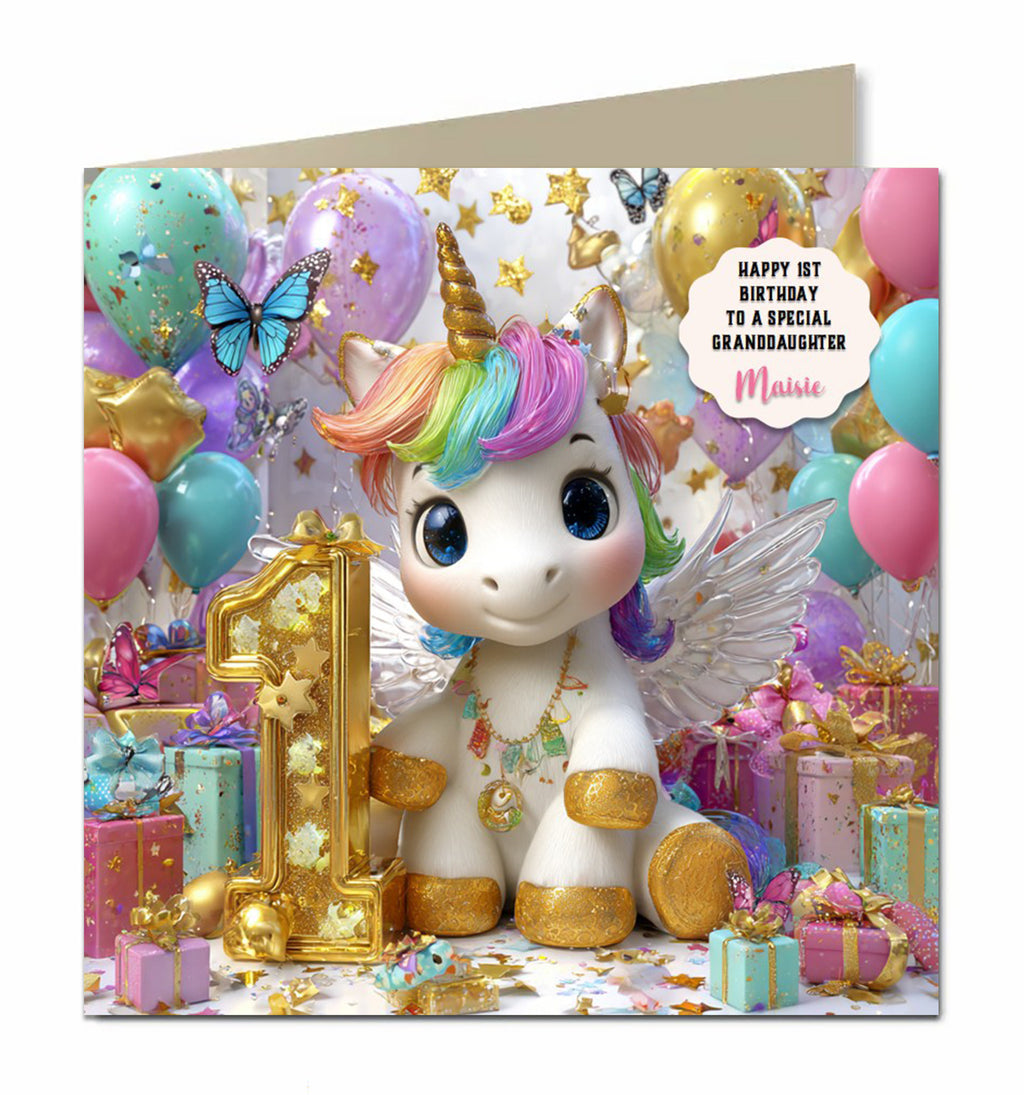 1st Unicorn Birthday Card Girls, Granddaughter, Niece, Personalised
