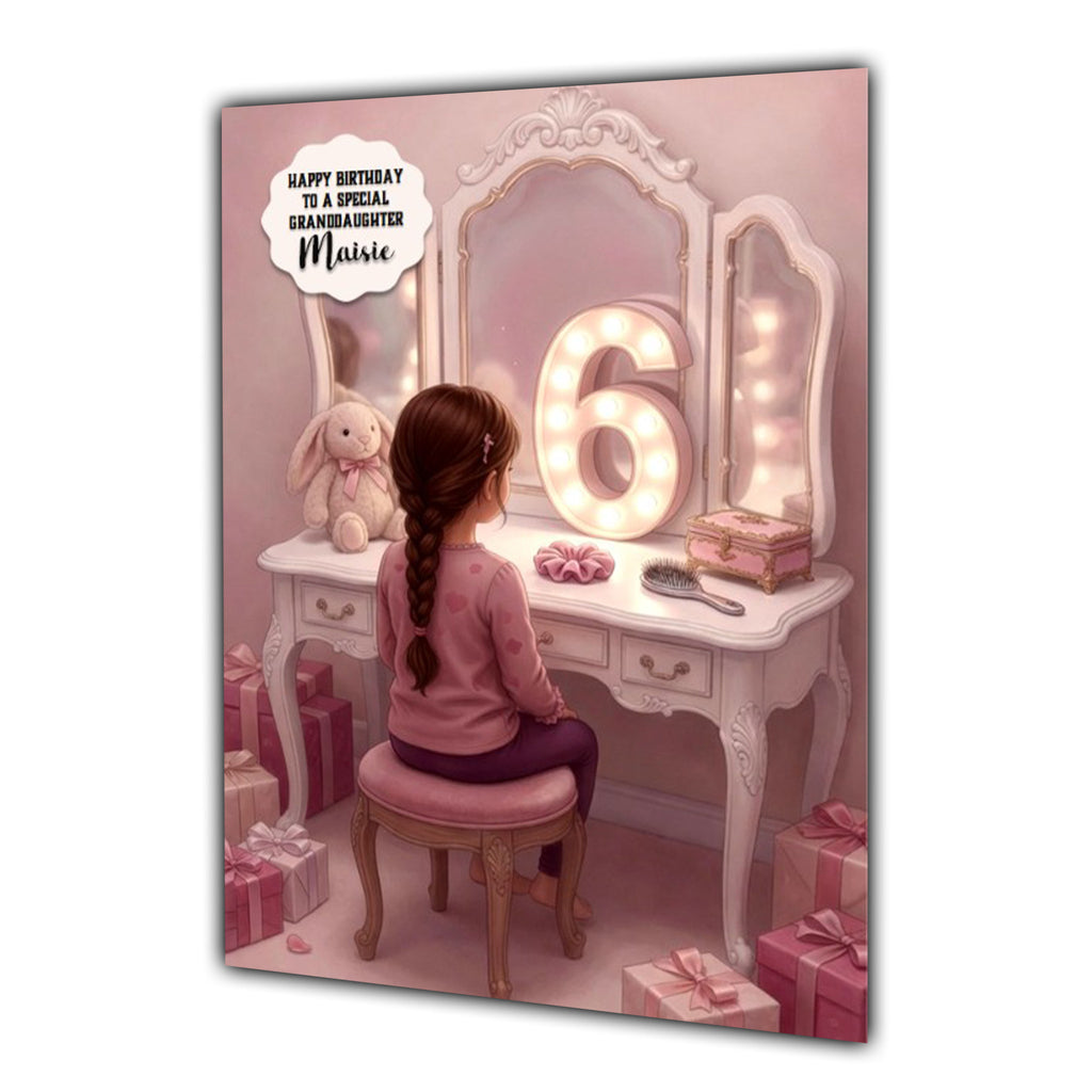 Personalised 6th Birthday Card - Girl at a Dressing Table - Brown Hair