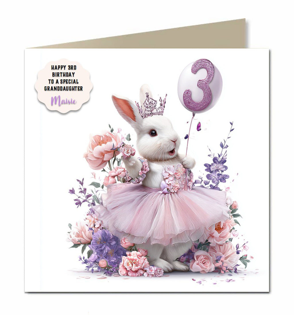 3rd Bunny Rabbit Birthday Card Girls, Granddaughter, Niece, Personalised