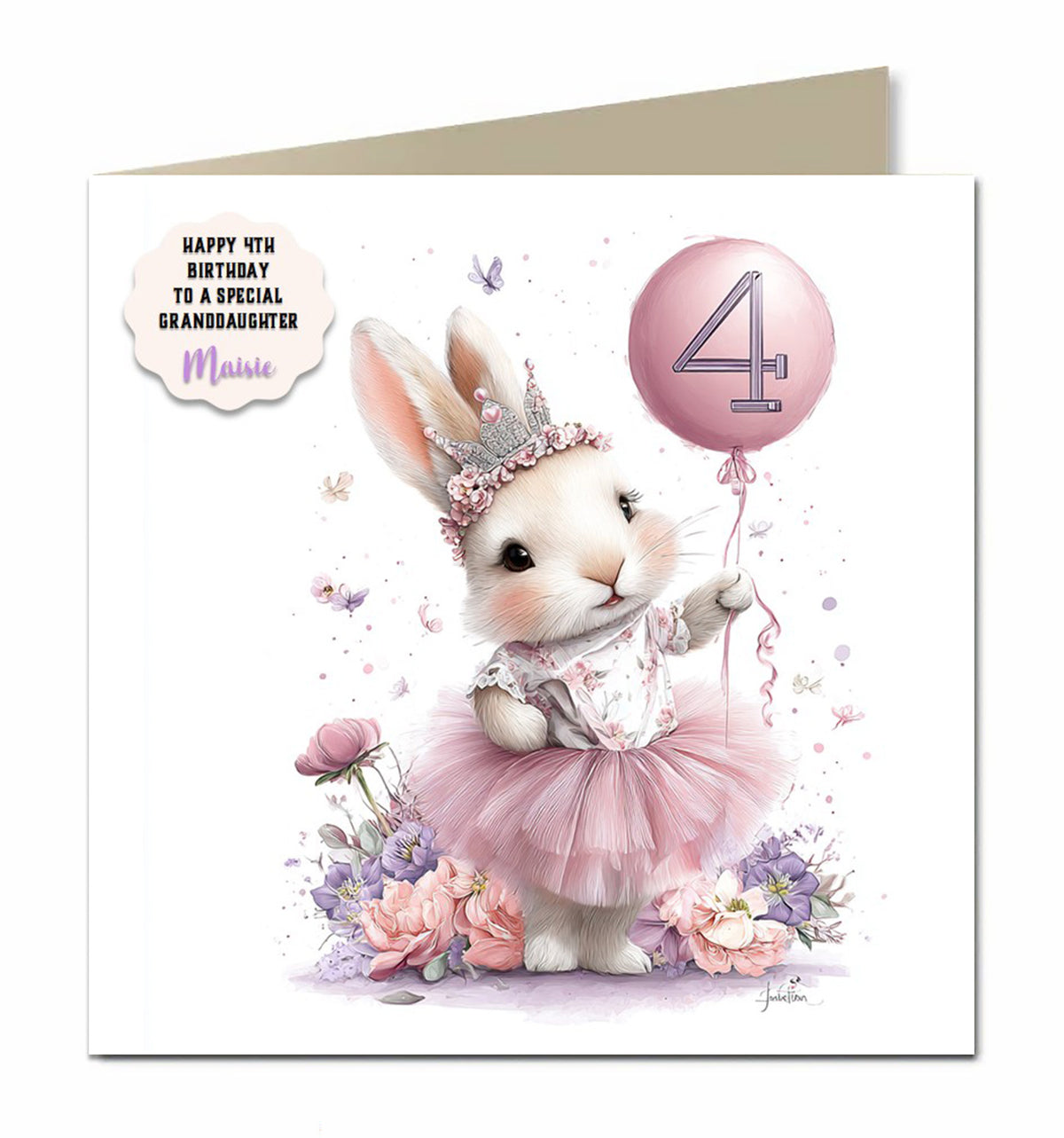 4th Birthday Card Girls Granddaughter Niece Daughter Princess Bunny Rabbit